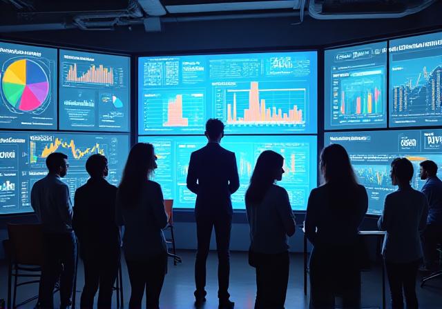 Team of digital marketing experts analyzing social media data on multiple screens