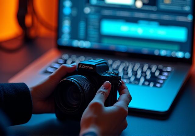 Close up of a creator using a camera and editing software